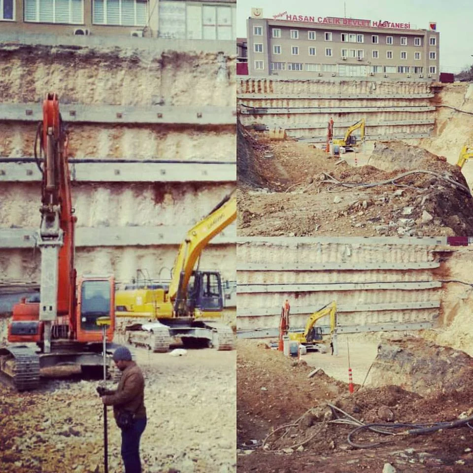 Hasan Çalık Devlet Hastanesi ek bina kazı alanındaki ölçüm ve inşaat çalışmalarını gösteren fotoğraflar